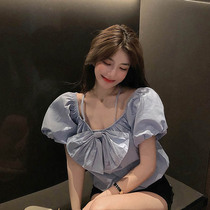 Big code Summer 2020 new sweet and beautiful dew shoulder dew lock bone chest front butterfly frock sleeve shirt sling blouse