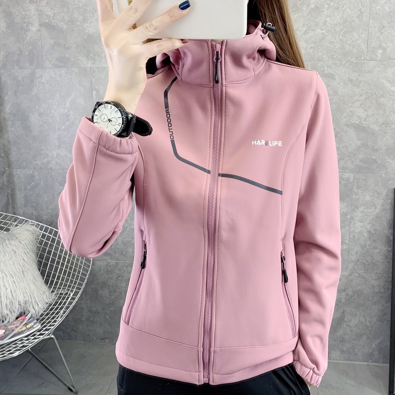 Outdoor Soft Shell Jacket for Women, Autumn and Winter Fleece-Lined Warm Hooded Hiking Jacket, Windproof Green Zipper Cardigan Mountaineering Jacket