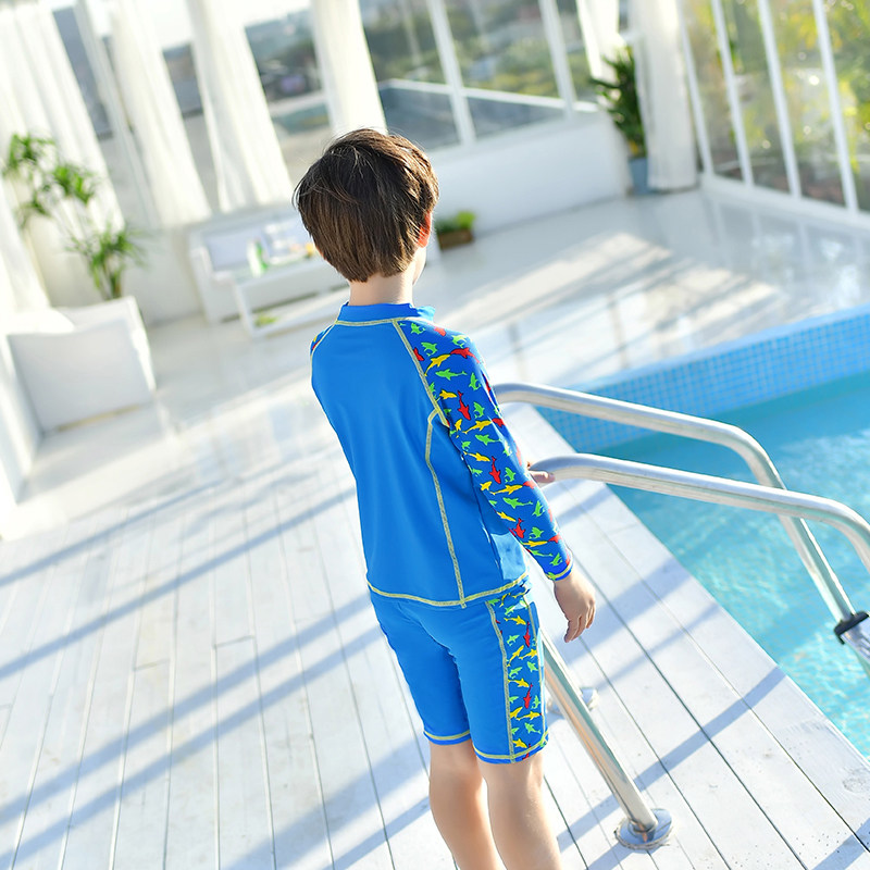 Children's split swimsuit Boy's long sleeve swimming cap sunscreen quick-drying suit medium children's big children's swimming trunks boys swimwear