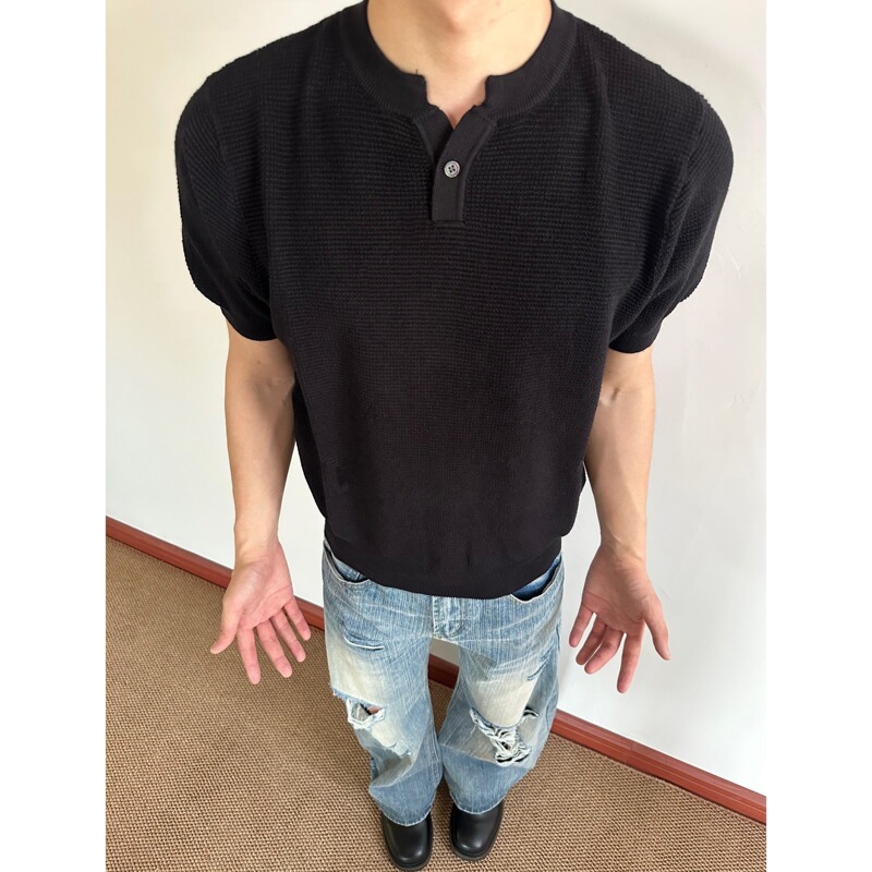 Old Money Style Henry Pure Cotton Knitted Short-Sleeve T-Shirt for Men, Summer Ice Silk Breathable Slim Fit Casual Tee