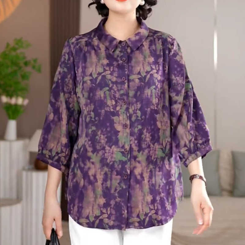 Lady's Cool and Silky Purple Printed Satin Shirt, Women's Summer Three-Quarter Sleeve Cardigan Top, Loose Shirt