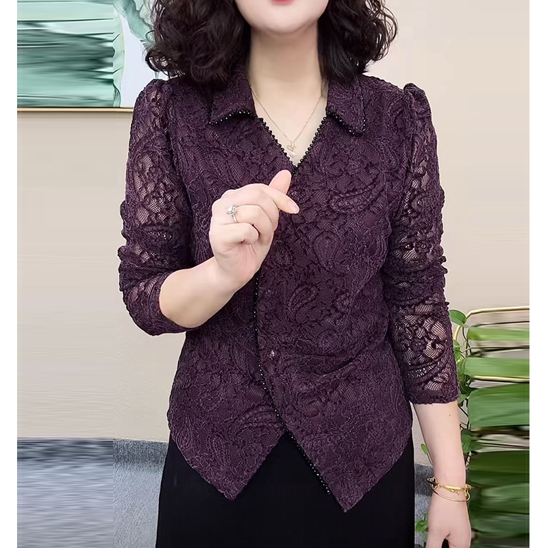 Elegant Lace Long-Sleeve Blouse for Women, Spring New Slim-Fit Shirt for Middle-Aged and Elderly Women