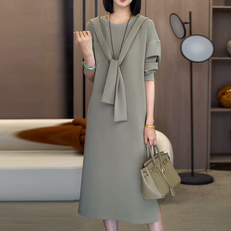 2026 Autumn Korean Fashion Design Round-Neck Sweatshirt Dress for Women, Youthful Hooded Cape Stylish Dress for Women