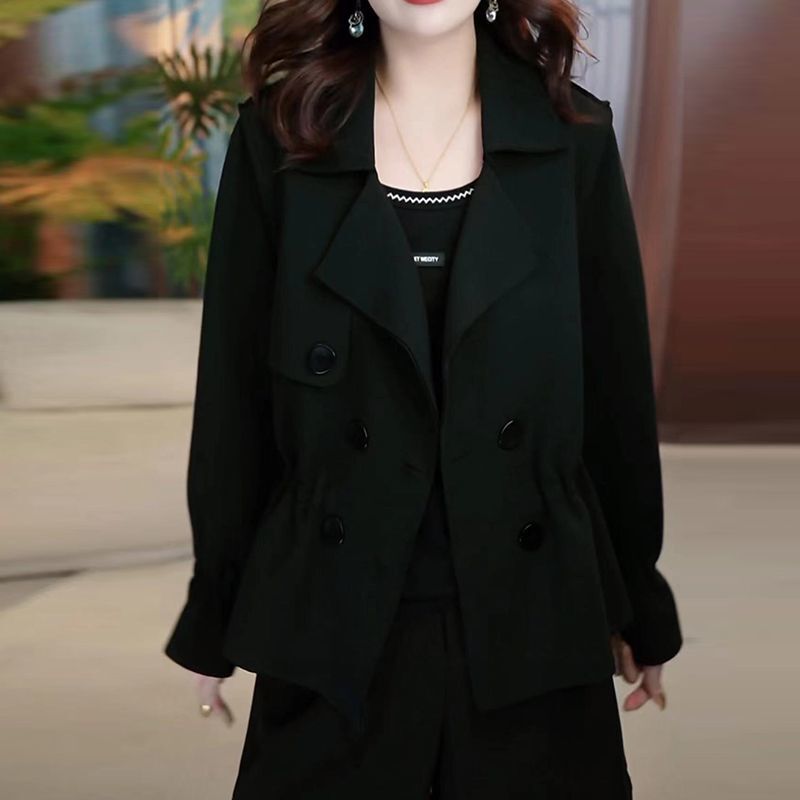 Black Elegant Suit Collar Jacket for Women, Spring 2026 New Plus-Size Women's Clothing, Versatile Korean Style Fashion Trench Coat