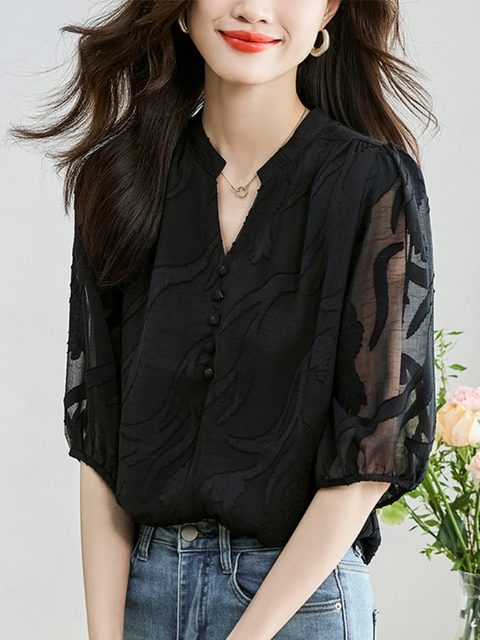 Elegant Black Short-Sleeved Chiffon Shirt for Women, Summer Wear 2025, New Fashionable and Stylish Summer Lace Loose Belly-Covering Top