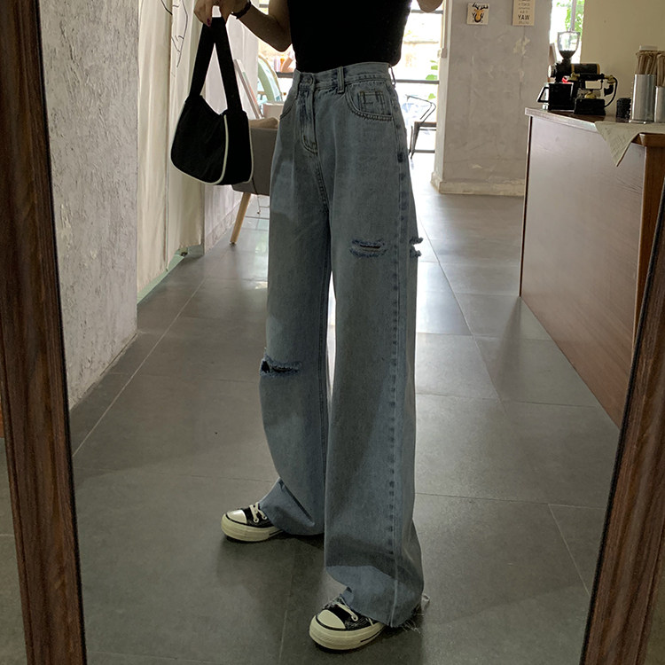 170 lengthened ripped jeans, high waist, loose, thin, straight, tall, floor mopping, wide leg, super long pants, women's spring