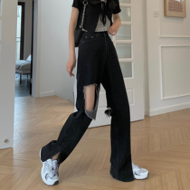 170 lengthened high waist breaking hole display slim open fork denim long pants woman 175 high sub straight cylinder loose towering trousers female