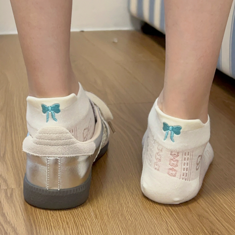 White Mid-Calf Socks for Women with Embroidered Bow on the Heel, Thin and Breathable with Hollow Design for Summer