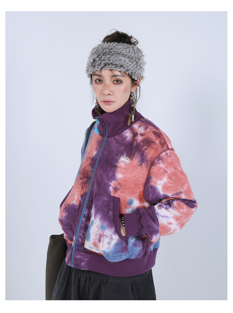 Women's small high collar tie-dyed cardigan sweater casual slim pure cotton baseball jacket - Women's Casual & Functional Jackets - Cotton & Hemp