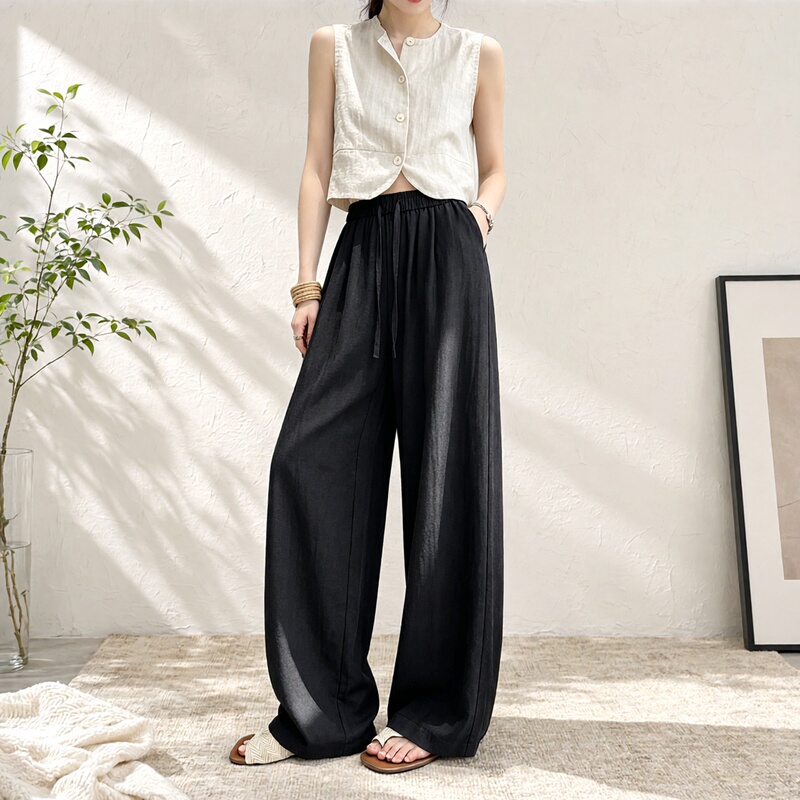Lyocell Tencel Linen Pants for Women, Summer Thin Style, Plus Size, Loose Fit, Drapey, Black Cotton-Linen Wide-Leg Pants Lyocell Tencel Linen Pants for Women, Summer Thin Style, Plus Size, Loose Fit, Drapey, Black Cotton-Linen Wide-Leg Pants