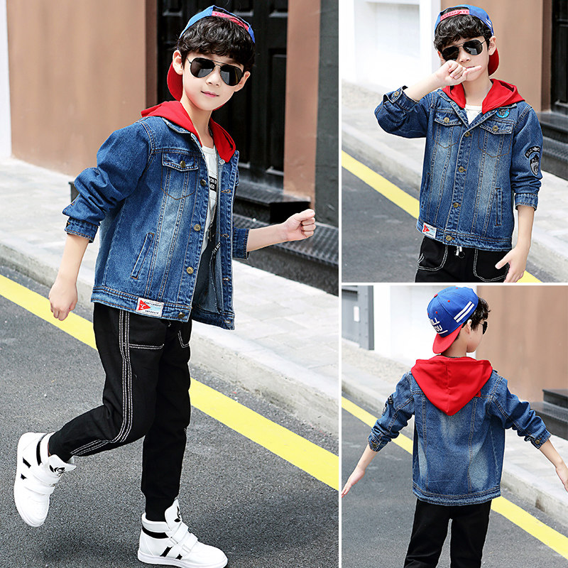 Boys denim jacket 2021 spring and autumn new middle and large children lapel denim jacket top foreign style handsome Korean version of the tide
