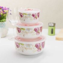 Cute three-piece set with sealed lid ceramic bowl crisper box lunch box pottery microwave oven special bowl