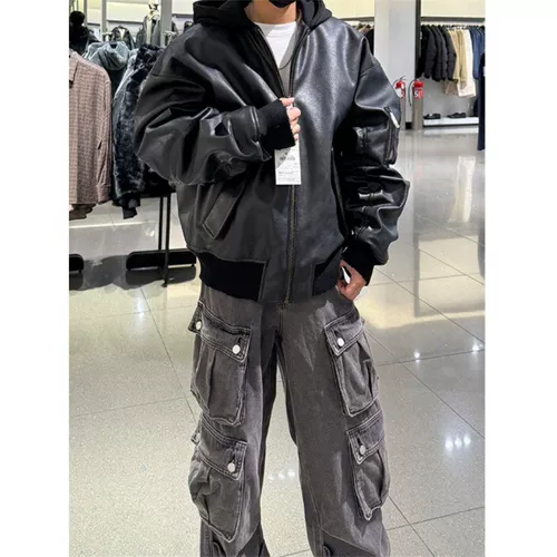 Черный короткий полиуретановый комплект, демисезонный пуховик, толстовка с капюшоном, куртка, изысканный стиль, в американском стиле, увеличенная толщина