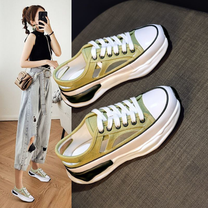 2022 Summer new dongle sandals ladies Korean version hollowed out breathable casual thick bottom thin style Fashion Canvas Shoes