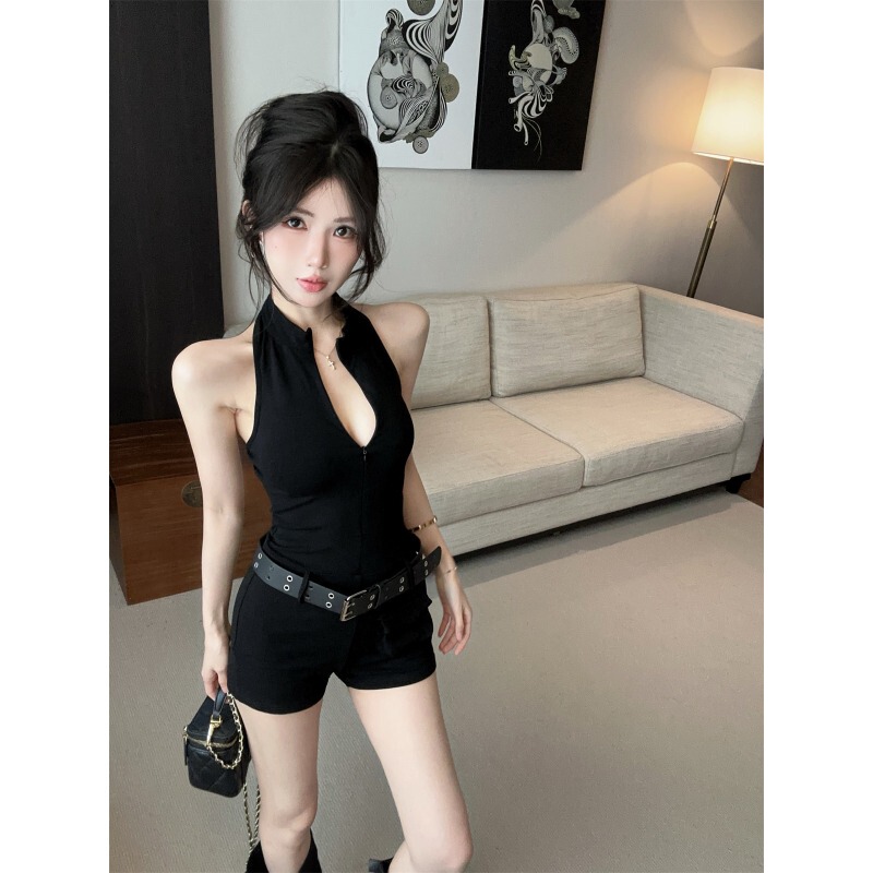 American-Style Black Casual Jumpsuit Shorts for Women, Summer Slim Fit with Belt, High-End Halter Neck Overalls