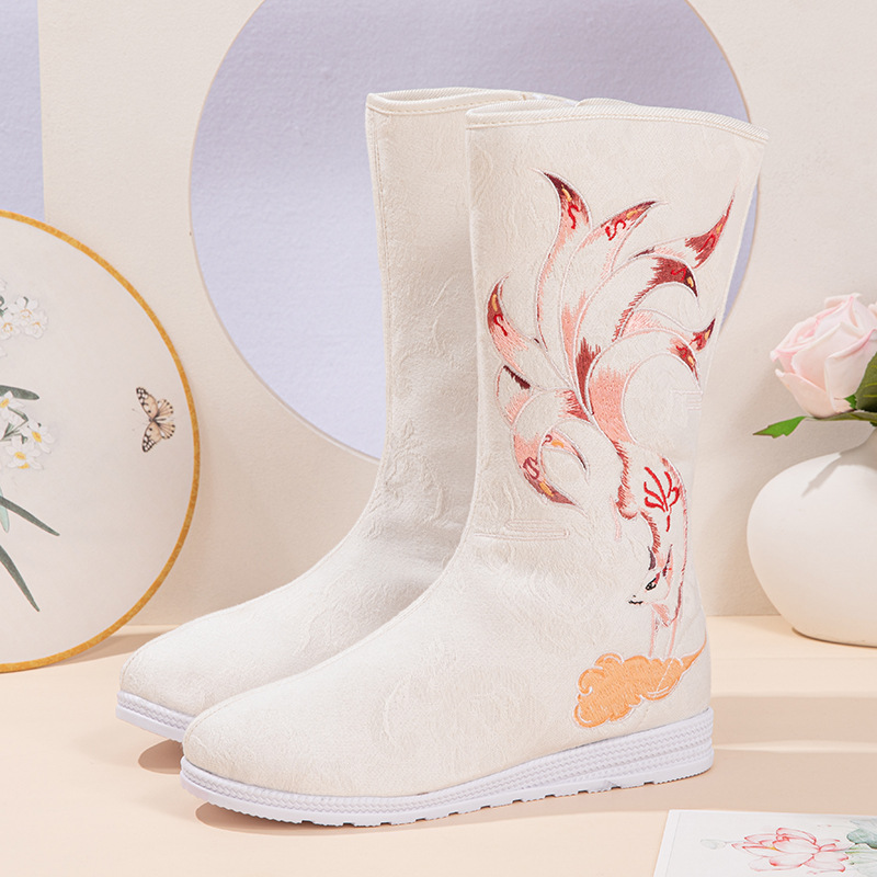 New nine-tailed foxtresses Photographic Cloth Women Single Boots National Wind Pull Chain Hanfu Middle Cylinder Shoes Rubber Base Boots