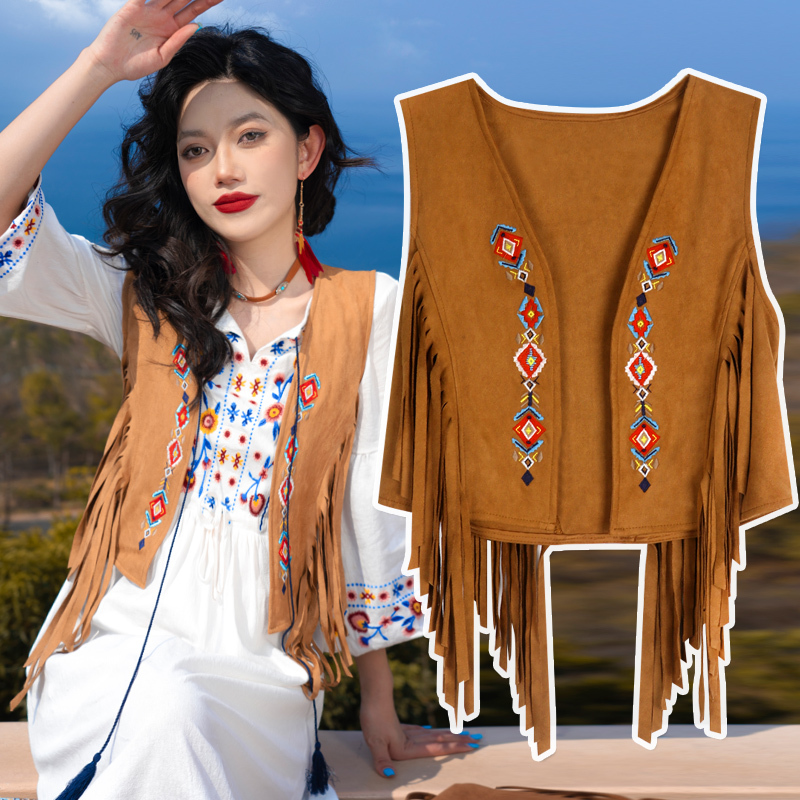2026 New Bohemian Retro Brown Faux Suede Travel Vest Cardigan with Tassels Vacation Vest