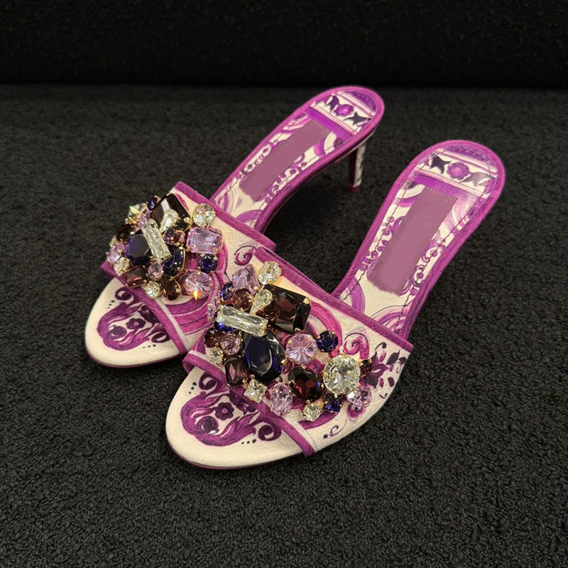 Sicily~ Beautiful Purple Printed High-Heeled Sandals for Women with Rhinestones, Open-Toe Stiletto Sandals, Mules to Match Skirts