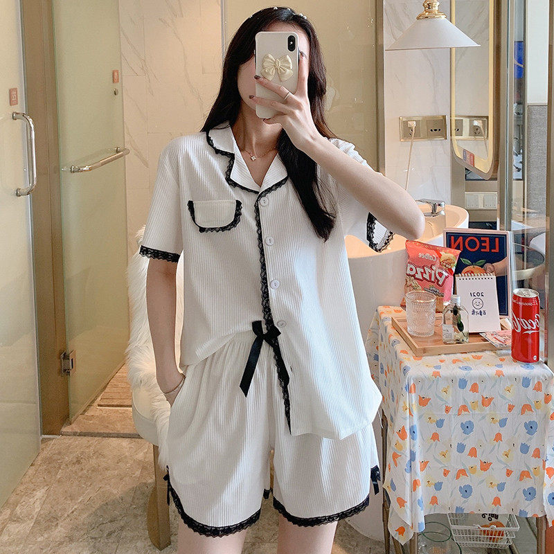 Pajamas women's summer short-sleeved shorts Korean version sweet and fresh solid color princess style home clothes can be worn outside two-piece suit