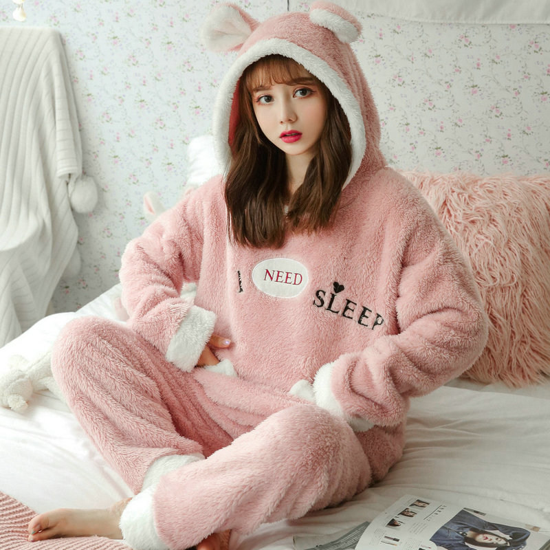 Coral velvet pajamas women's autumn and winter long-sleeved plus velvet thick winter hooded flannel home clothes warm two-piece suit