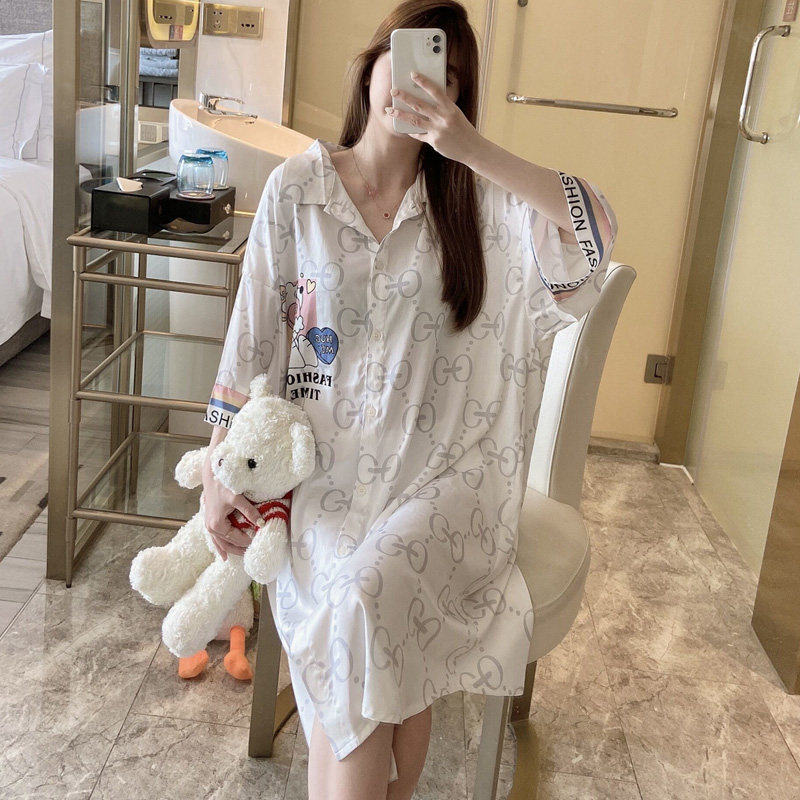 Nightdress Ladies Summer Ice Silk Thin Section 2022 New Cardigan Simulation Silk Summer Pajamas Skirt Homewear