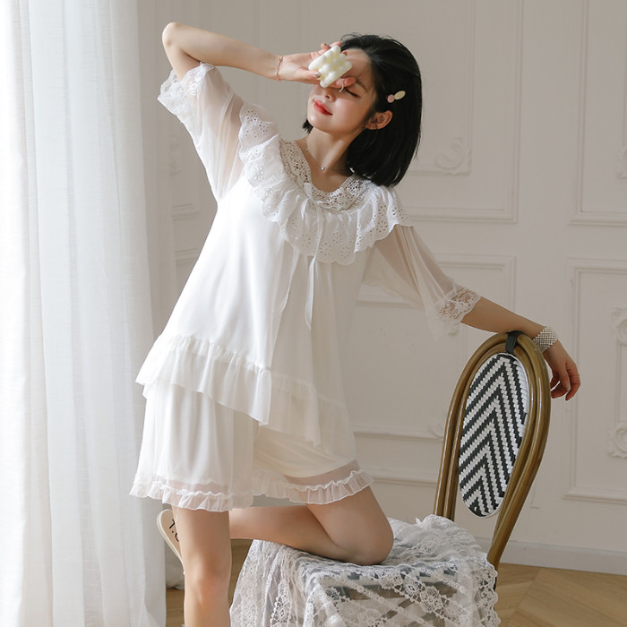 Palace style pajamas women's summer 2022 new short-sleeved lace thin section princess style net red home service two-piece suit