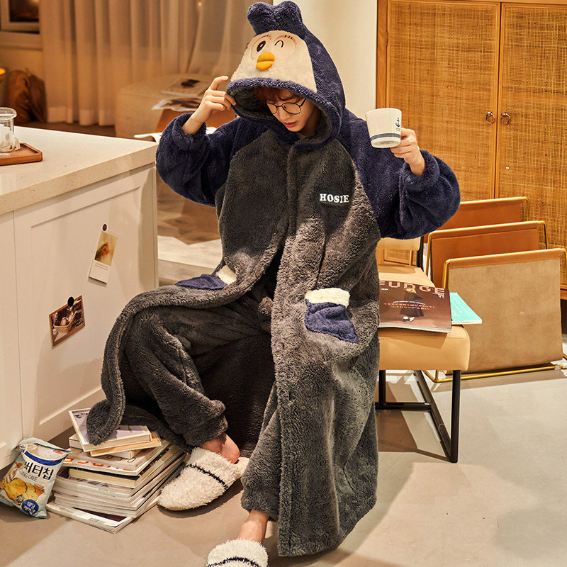 Pajamas Men's Autumn Winter Flannel Long Version Sleeping Robes Plus Suede Thickened Long Sleeve Coral Suede Home Conserved Two-piece Suit