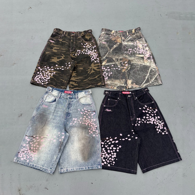 Japanese Style 9090 Vintage Distressed Branch Camouflage Cherry Blossom Embroidery Y2K Loose Denim Straight Shorts Capri Pants