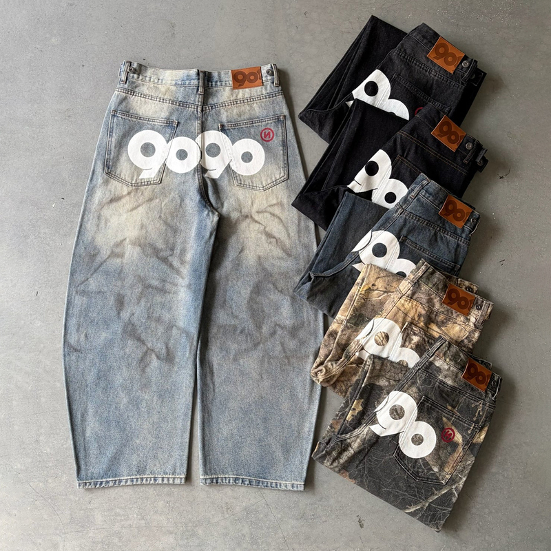Japanese Street Style 9090 Washed Vintage Camouflage Leopard Print Y2K Skateboard Loose Scimitar Denim Straight-Leg Pants for Men and Women Japanese Street Style 9090 Washed Vintage Camouflage Leopard Print Y2K Skateboard Loose Scimitar Denim Straight-Leg Pants for Men and Women