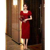 Бордовое платье средней длины с короткими рукавами FMSB 2367