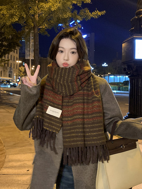 Autumn and Winter Scarf New Style Striped Thickened Retro Faux Cashmere Tassel High-End Fashion Versatile Warm Elegant Shawl
