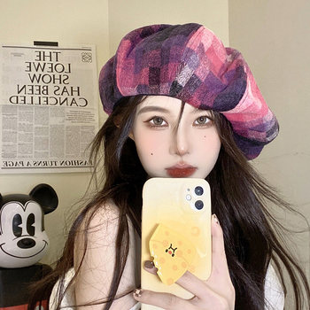 Korean Girl Group Style ins Intern Series Xiaohongshu Popular Plaid Cloud Beret Hat for Women, Versatile and Trendy for Autumn and Winter