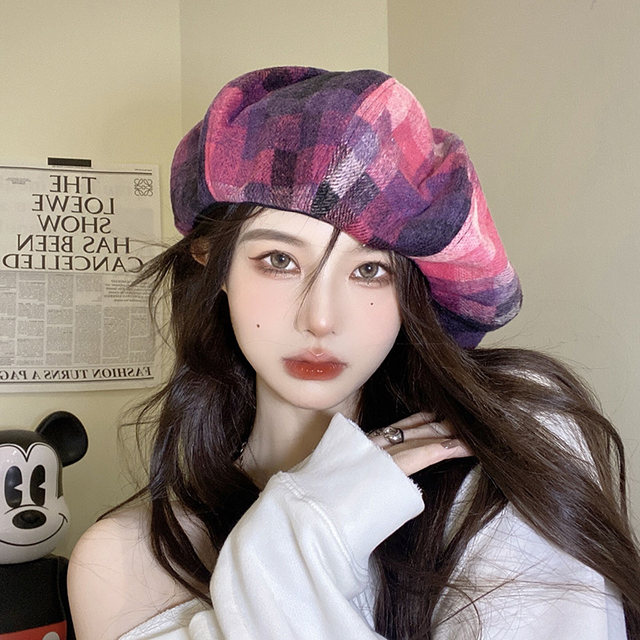 Korean Girl Group Style ins Intern Series Xiaohongshu Popular Plaid Cloud Beret Hat for Women, Versatile and Trendy for Autumn and Winter