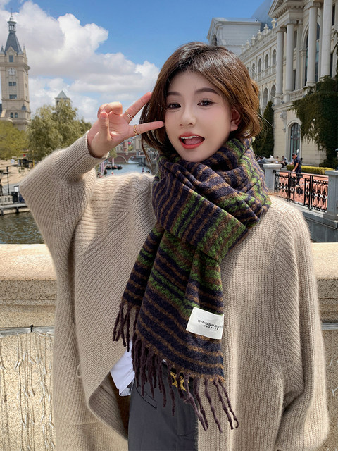 Autumn and Winter Scarf New Style Striped Thickened Retro Faux Cashmere Tassel High-End Fashion Versatile Warm Elegant Shawl