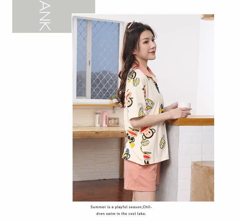 Bộ đồ ngủ khỉ miệng lớn của phụ nữ mùa hè ngắn tay cotton hai mảnh phù hợp với học sinh Hàn Quốc mùa hè mỏng dịch vụ nhà mỏng - Giải trí mặc / Mum mặc