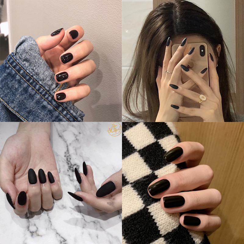 Wearable Nails, Solid Black, Short Style, Round Head, Square Head, Nail Patches, Finished Product, Sweet and Cool Style, Single Color Fake Nails for Students