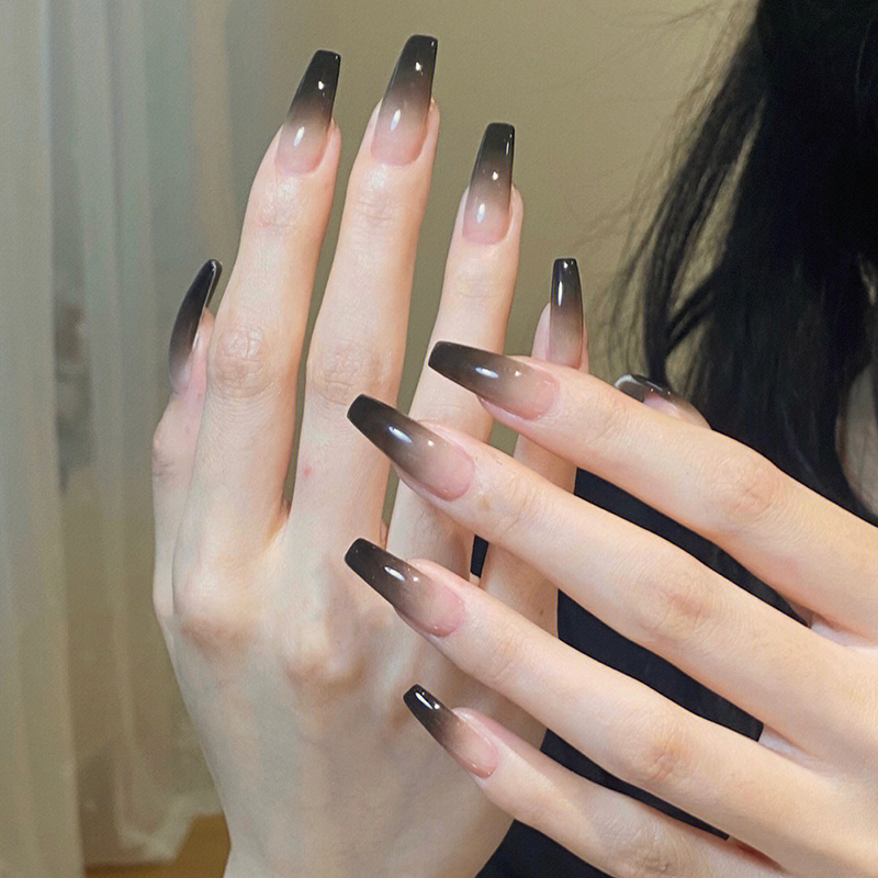 Wearable Long Dark-Style European and American Style Nail Art, Hot Girl Red and Black Gradient Transparent Black Long Ladder Nail Patches, Removable
