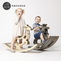 WOBOINNO Trojan Childrens Rocking Horse Baby Solid Wood Kangaroo Toy Wooden Small Rocking Chair Rocking Car Adults Can Sit