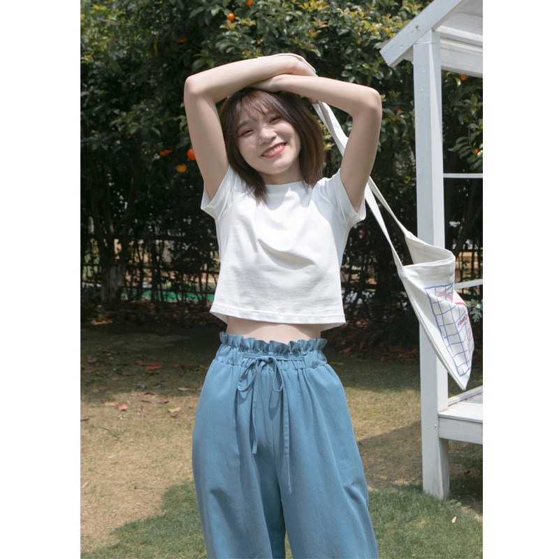 Hello Kanon Short Dew Navel Short Sleeve T-shirt Woman 2022 Spring Summer New Pure Color Minimalist Cotton White Round Collar Blouse