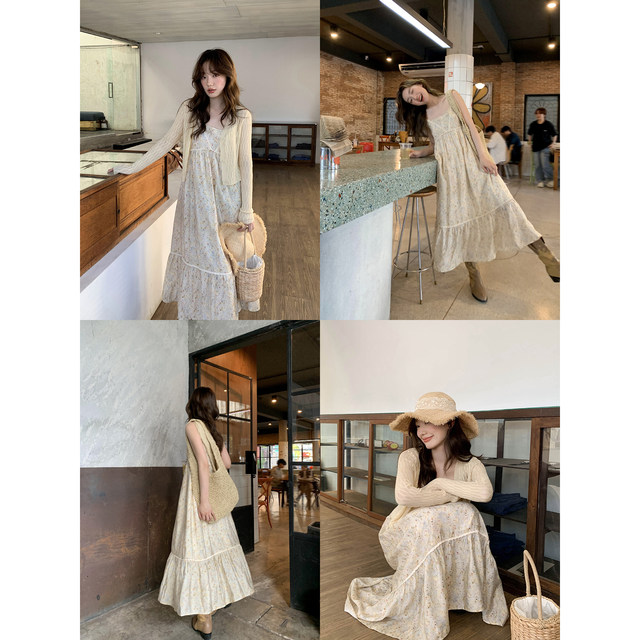 ສະບາຍດີ Canon holiday style lace splicing pleated suspender dress spring and summer new loose slimming A-line long skirt