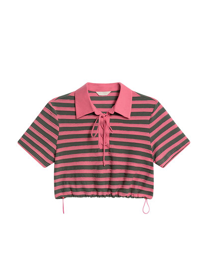 Hello Canon Polo Collar Short Color-Block Striped T-Shirt 2024 New Niche Design Short-Sleeve Top for Women Summer