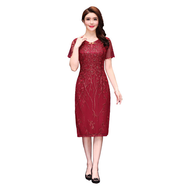 Shanifen 2024 ໃຫມ່ summer lace embroidery ສີແດງ temperament slim ກາງ-length dress plus size ຂອງແມ່ໃສ່