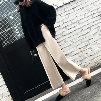 (Cashmere) wide leg pants womens autumn and winter white 2021 New woolen waistline nine points thick grandma pants