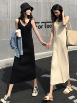 Sling dress womens 2021 new spring and autumn knitted long bottoming sling skirt small black skirt vest skirt