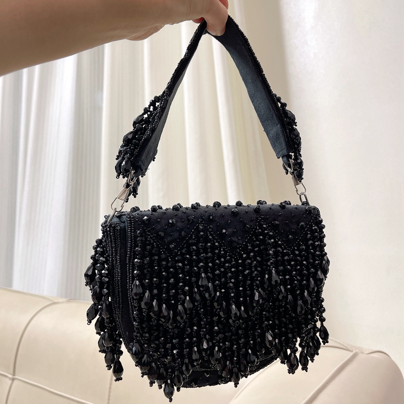 In-Stock Indian Handmade Beaded 3D Flower Semi-Circular Handbag with Full Bead Embroidery and Tassels, Crossbody Shoulder Underarm Bag
