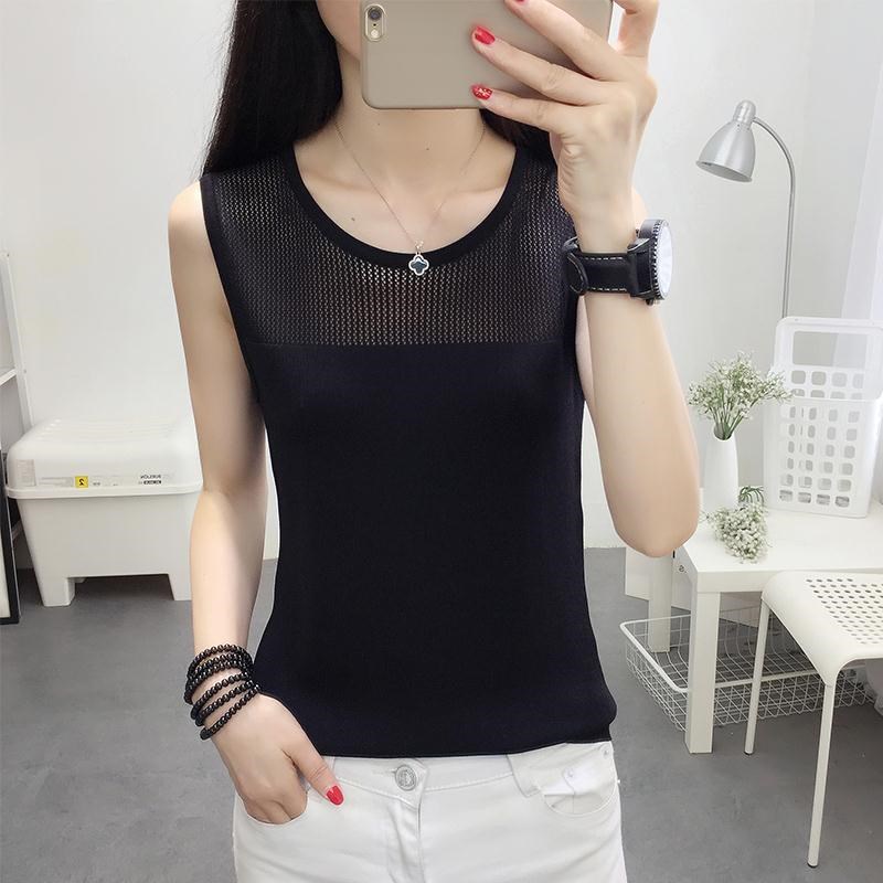 Ice-tơ vest nữ mới không tay t-shirt sling đáy áo rỗng knitshirt lỏng ngắn áo mỏng