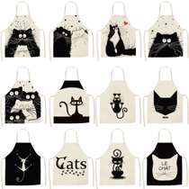 Restaurant kitchen Nordic windy black and white kitty hanging neck sleeveless apron cotton linen Fashion cartoon Cartoon Printed Surround