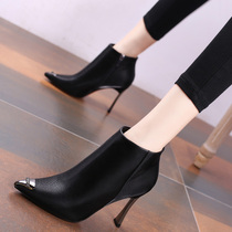 Metal pointed toe high-heeled ankle boots female ~ leather plus velvet side zipper thin heel net red thin boots sexy Martin single boots