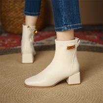 Mid-tube French thick heel ankle boots for women~2022 new spring and autumn single boots white fried street Martin boots Chelsea ankle boots