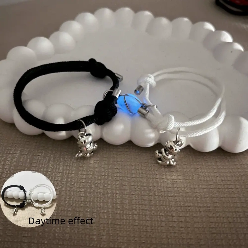 Best Friend Sensor Bracelets, a Pair of Cartoon Alloy Dinosaur Luminous Magnetic Heart Pendants, Adjustable Couple Bracelets